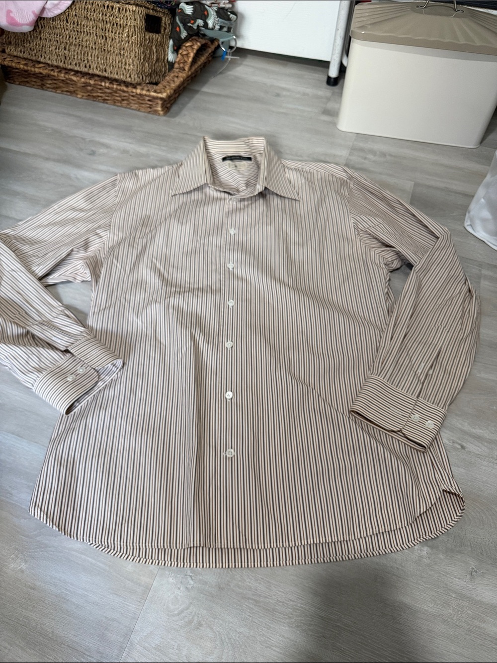 John Varvatos Beige and White Pinstripe Dress Shirt 17 1/2 long